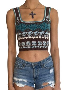 Moda International Teal and Brown Fair Isle Knit Crop Top
